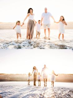 a family walking on the beach at sunset and in the water with their parents holding hands