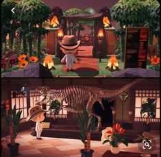 two screens showing the same scene in animal crossing and an image of a dinosaur skeleton