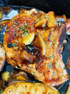 an apple bourbon pork chops recipe with potatoes