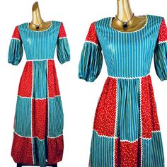 This Vintage 70s Prairie Patchwork Hippie Boho Dress Is Fashioned Of Cotton And Has A Large Red And Blue Patchwork Print Design. It Zips Up The Back And Has Cute Puff Sleeves. The Condition Is Good. There Is A Fade Mark On The Front Bodice. The Marked Size Is 12, And Would Best Fit A Size Small/ Medium. Please Measure Yourself Before Buying If You Plan On Wearing It. Measurements: (Measurements Are Taken Of The Garment Laying Flat,Doubled, And Not Stretched) Bust: 34-36" Waist: 28" Hip: Open" Length: 50" (From Top Of Shoulder To Hem) Shoulders: 19" Mannequin Measures: Bust: 33" Waist: 24 1/2" Hip: 36" Invent: Lh332 Red Vintage Dress With Patchwork, Vintage Red Dress With Patchwork, Vintage Red Patchwork Dress, Retro Red Patchwork Dresses, 70s Prairie Dress, 70s Prairie, Boho Hippie Dress, Bohemian Maxi, Bohemian Maxi Dress