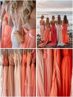 the bridesmaids are standing on the beach in their dresses