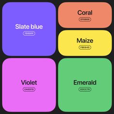 four different colored squares with the words, state blue, maize, emerald and coral