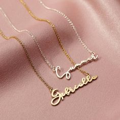 "The Personalised Script Name Necklace is a stylish piece to add to your jewellery collection- it's so good you'll want to wear it everyday! Based upon the classic 'Carrie style' necklace the Personalised Script Name Necklace looks great worn with any outfit. The text has the appearance of handwriting and it makes a gorgeous gift for any occasion be it your best friend's birthday, graduation or special milestone. The Personalised Script Name Necklace is available in Sterling silver, 18ct rose or Best Friend's Birthday, Navy Jewelry, Posh Totty, Gold Fronts, Name Necklaces, Gorgeous Gift, Stylish Gifts, Metal Necklaces, Personalized Necklace