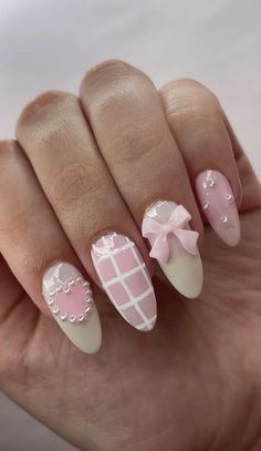 coquette bow nails designs Beachy Nail Designs, Foil Nail Designs, Plaid Nail Designs, Soft Pink Nails, Pink Nail Art Designs