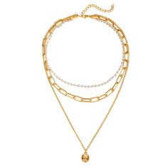 Keep your accessories collection on trend with this goldtone layer necklace featuring a mixture of chains and a stylish coin pendant. Longest chain: 20.31'' L with 1.96'' extender Middle chain: 16.26'' L with 1.96'' extender Shortest chain: 14.1'' L with 1.96'' extender Pendant: 0.59'' diameter Lobster claw clasp Goldtone copper / imitation pearl Retro Portrait, Layer Chain, Daisy Necklace, Layered Chains, Chain Choker Necklace, Necklace Online, Gold Chain Necklace, Coin Pendant, Chain Choker