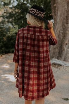 You will surely be in a cherry mood when you wear this charming tunic dress featuring lightweight material patterned with a brown and dark red hued plaid print, a v-cut neckline, loose 3/4-length sleeves, and a relaxed silhouette that falls into a straight mid-thigh length hemline! Measurements S : Bust 44", Hip 50", Length 33", Sleeve Length 15.5", Waist 44". M : Bust 46", Hip 52", Length 33.5", Sleeve Length 16", Waist 46". L : Bust 48", Hip 54", Length 34", Sleeve Length 16", Waist 48". XL : Casual Brown Plaid Dress For Fall, Long Sleeve Brown Plaid Dress For Fall, Fall Plaid V-neck Dress, Bohemian Plaid Long Sleeve Dress, Plaid Bohemian Dresses For Fall, Bohemian Plaid Fall Dresses, Bohemian Plaid Dress For Fall, Plaid Tunic Dress, Plaid Tunic