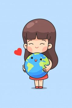 a girl is holding the earth in her hands with a heart on it's chest