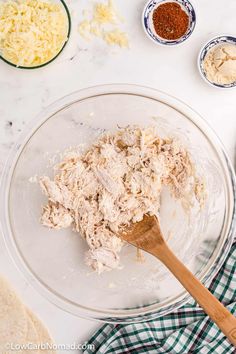 the ingredients to make chicken salad are in bowls and ready to be mixed into the dish