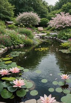 Green Landscape Photography, Lush Garden Aesthetic, Cozy Cottage Garden, Lush Garden Ideas, Brown Kitchen Cabinets Ideas, Natural Pond Ideas, Cottage Garden Aesthetic, Cottage Pond, Flower Garden Cottage