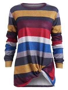 Color Blocking Striped Twist Front T Shirt - Multi-B - 4S84917417 - Women's Clothing, Women's Tops & T-Shirts, Blouses & Shirts  #BlousesShirts #Women's #Clothing # #Women's #Tops #& #TShirts # #Blouses #& #Shirts Round Neck Shirt, Twist Top, Fall Hoodies, Sweatshirt Outfit, Casual Tops For Women, Running Shirts, Twist Front, Pullover Sweatshirts, Striped Long Sleeve