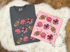 Show off your game day spirit with our preppy football shirt! This tee is perfect for pink out games this October!  The retro pompom and football graphic is offered on two color options- grey and pink, both printed on a tan favorite shirt- Comfort Colors! Either option would be a great choice for football moms, high school cheerleaders, and fans in the stadium! Comfort Colors are 100% cotton. They have a relaxed fit with unisex sizing. Typically, they run true to size and sizing up will give you Pink Out Football Shirts Design, Pink Game Day Top With Team Spirit, Football Pink Out Shirts, Pink Pre-shrunk T-shirt For Game Day, Sporty Pink T-shirt For Cheerleading, Football Sister, Retro Football Shirts, Pom Pom Girl, Pink Out