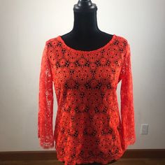 New Without Tags. Crochet Designed Red/Orange Long Sleeve Top. This Top Would Be Great For Summer With A White Or Black Camisole Underneath. This Top Is More Red Than Orange, But Definitely Not A Deep Red. No Signs Of Wear Or Stains. Women's Size Small. C3 Red Crochet Top For Fall, Spring Fitted Orange Crochet Top, Spring Orange Fitted Crochet Top, Fitted Orange Crochet Top For Spring, Orange Casual Crochet Top, Red Fitted Crochet Lace Top, Red Casual Crochet Lace Top, Red Crochet Lace Casual Top, Spring Orange Crochet Top