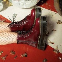 Red Docs Aesthetic, Red Platform Doc Martens, Redcore Outfits, Red Chunky Shoes, Red Aesthetic Shoes, Red Boots Aesthetic, Red Shoes Aesthetic, Black And Red Boots, Red Docs