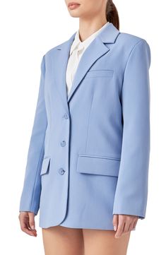 This polished two-button blazer is designed in an appealing hue with front-flap pockets and an airy back vent. Notched collar Long sleeves with two-button cuffs Lined 74% polyester, 20% cotton, 6% spandex Hand wash, dry flat Imported Notched Blue Blazer For Work, Blue Notched Blazer For Work, Blue Notched Blazer For Workwear, Blue Flat Front Blazer For Work, Spring Office Button-up Suit, Spring Professional Blazer With Notch Lapel, Spring Professional Blazer With Pockets, Professional Spring Blazer With Pockets, Professional Notch Lapel Blazer For Spring