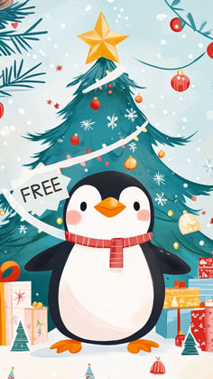 a penguin is standing in front of a christmas tree with presents on it and the words free