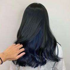 Black Hair With Blue Underneath, Black Hair With Underneath Color, Ombre Hair Color For Black Hair, Blue Hair Underneath, Blue Tips Hair, Blue Hair Streaks, Under Hair Color, Blue Hair Color Ideas, Underdye Hair