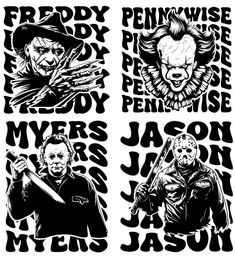 four black and white posters with different characters