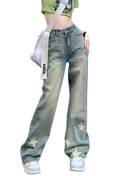 Wide Leg Stars Washed Denim Jeans for Women Korean Grunge Korean Grunge Fashion, Korean Grunge Aesthetic, Korean Grunge, Aesthetic Jeans, Jeans Korean, Denim Jeans For Women, Soft Grunge Aesthetic, Denim Texture, Tiktok Outfits