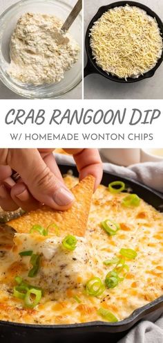 the process for making crab rangon dip with homemade wonton chips