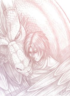 a pencil drawing of two people in front of a dragon