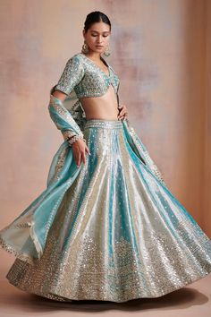 Shop for Suhino Blue Tissue Mirror Work Lehenga Set for Women Online at Aza Fashions Draping Styles, Mirror Work Lehenga, Blue Lehenga, Indian Wedding Wear, Ghagra Choli, Blue Mirror