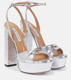 Sinner leather platform sandals in silver - Aquazzura | Mytheresa Silver Platform Heels, Silver Platforms, Fun Outfits, High Heeled Sandals, Aquazzura Shoes, Leather Platform Sandals, Cadillac Escalade, Metallic Leather, Eras Tour