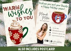 two christmas postcards with the words warm wishes to you and a cup of coffee