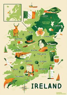 an illustrated map of ireland with all the major attractions