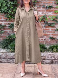 Women's Solid Cotton Linen Dress Lapel Long Sleeve Solid Single Breasted Maxi Dress Long Casual Shirt Dress For Spring, Casual Long Shirt Dress For Spring, Casual Long Sleeve Solid Color Dresses, Casual Long Midi Dress For Spring, Long Solid Dresses For Day Out, Solid Long Dresses For Day Out, Solid Color Long Sleeve Maxi Dress For Vacation, Solid Color Button-up Vacation Dress, Casual Long Sleeve Midi Dress For Day Out