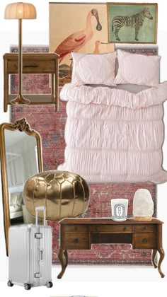 a bedroom with pink and gold accents, including a bed, mirror, dresser, lamp, suitcase and other items