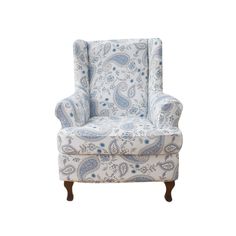 a blue and white chair with paisley print