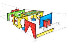 a drawing of a children's play table with different colored blocks and shapes on it