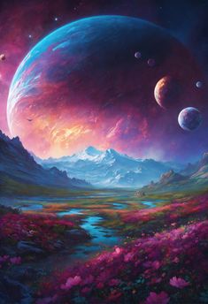 a painting of planets in the sky with mountains and flowers around them, as well as water