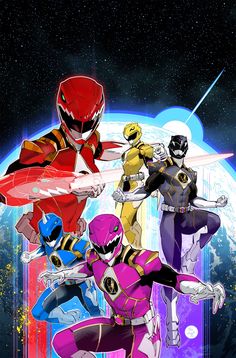 the power rangers are flying through space together