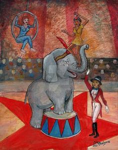 an elephant is standing on top of a circus ring with two women in the background