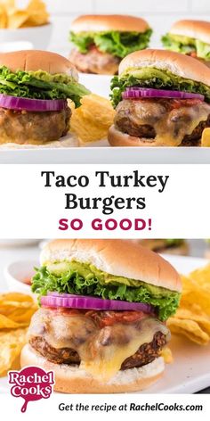 taco turkey burgers with onions, lettuce and cheese on them are served with potato chips