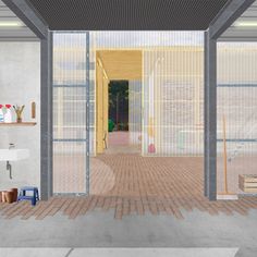 an artist's rendering of the inside of a building with glass doors and brick flooring