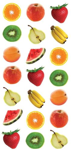 an assortment of fruit cut in half and displayed on a white background, including apples, oranges, kiwis, bananas