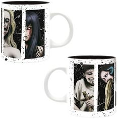 two coffee mugs with the faces of three different people on them, one is holding a cross