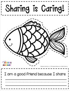 a coloring page with the words sharing is caring and a fish in it's mouth