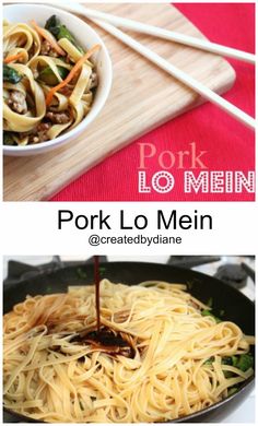 pork lo mein in a skillet with chopsticks on the side and an image of