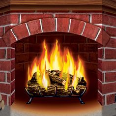 a brick fireplace with fire burning in it