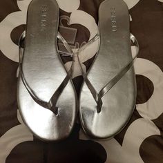 New With Tag Silver Esprit Sandal Silver Flip Flops For Spring Beach, Silver Flip Flops For Spring Beach Outings, Silver Flip Flops For Beach In Spring, Silver Toe Post Flip Flops For Spring, Silver Open Toe Flip Flops For Beach, Silver Flip Flops For The Beach, Silver Flat Flip Flops For Beach, Silver Summer Beach Sandals, Casual Silver Flip Flops For Beach