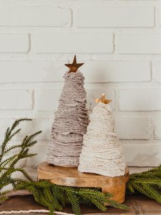 two small christmas trees sitting on top of a wooden table