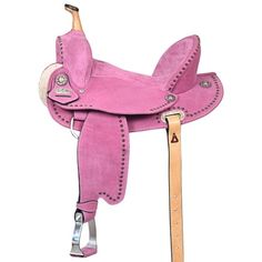 a pink horse saddle with silver hardwares on the sides and an arrow in the center