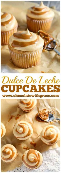 some cupcakes with frosting on top and the words duke de leek's cupcakes above them