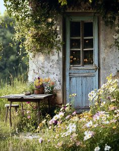 an old building with flowers growing out of it's windows and a table outside