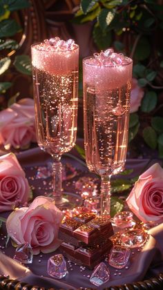 two champagne flutes are sitting on a table with pink roses