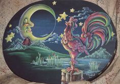 a painted plate with a rooster standing on a stump in front of the moon and stars