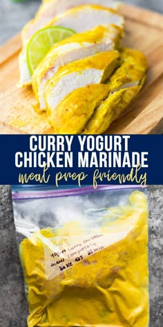 the ingredients for curry yogurt chicken marinade are shown on a cutting board